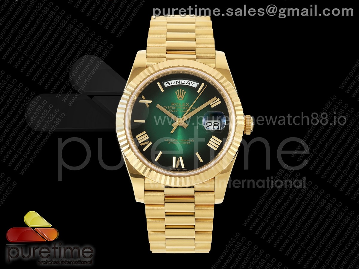 RCF 롤렉스 데이데이트40 옐로우골드 텅스텐(Cu-W) 그린옴브레로만다이얼 스틸브레이슬릿 210g Day Date 40 YG RCF 1:1 Best Edition Green Ombre Roman Dial on President Bracelet VR3255