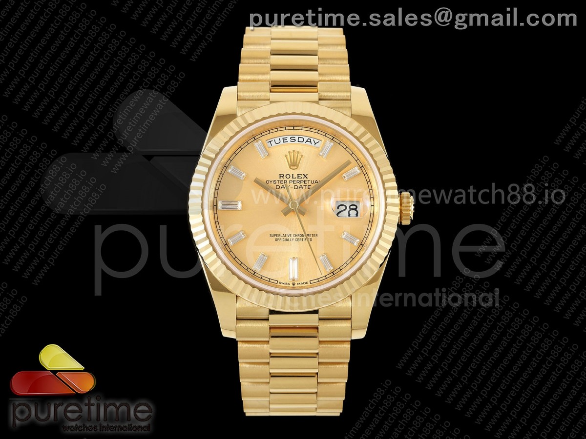 RCF 롤렉스 데이데이트40 옐로우골드 텅스텐(Cu-W) 골드바게트다이얼 스틸브레이슬릿 210g  Day Date 40 YG RCF 1:1 Best Edition YG Crystal Dial on President Bracelet VR3255