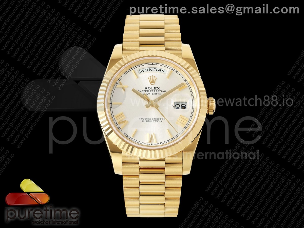 RCF 롤렉스 데이데이트40 옐로우골드 텅스텐(Cu-W) 실버로만다이얼 스틸브레이슬릿 210g Day Date 40 YG RCF 1:1 Best Edition Silver Roman Dial on President Bracelet VR3255